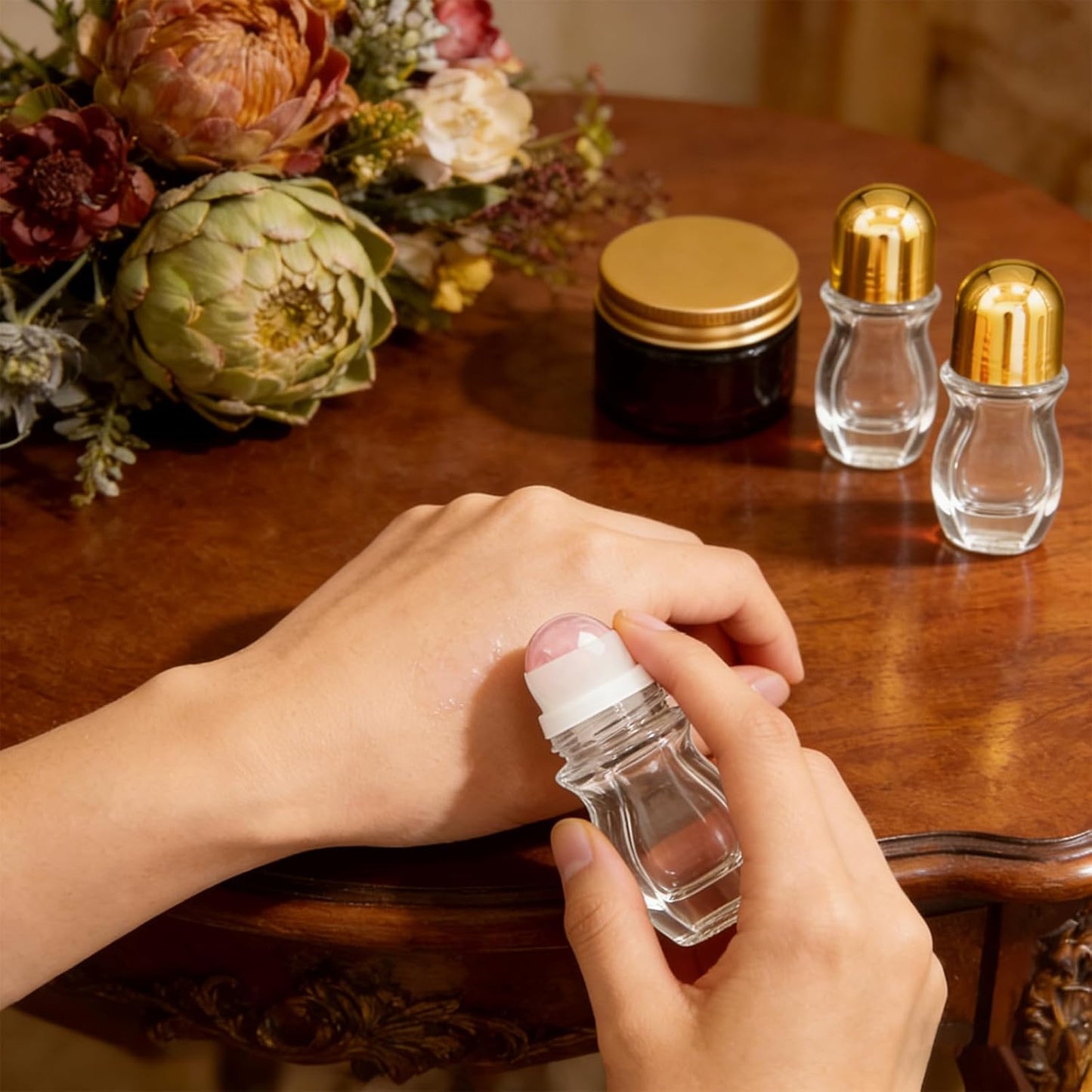 Rose Quartz Roller Bottles - 50ml Refillable Clear Glass with Natural Crystal Rollers | Leak-Proof Travel Perfume Container