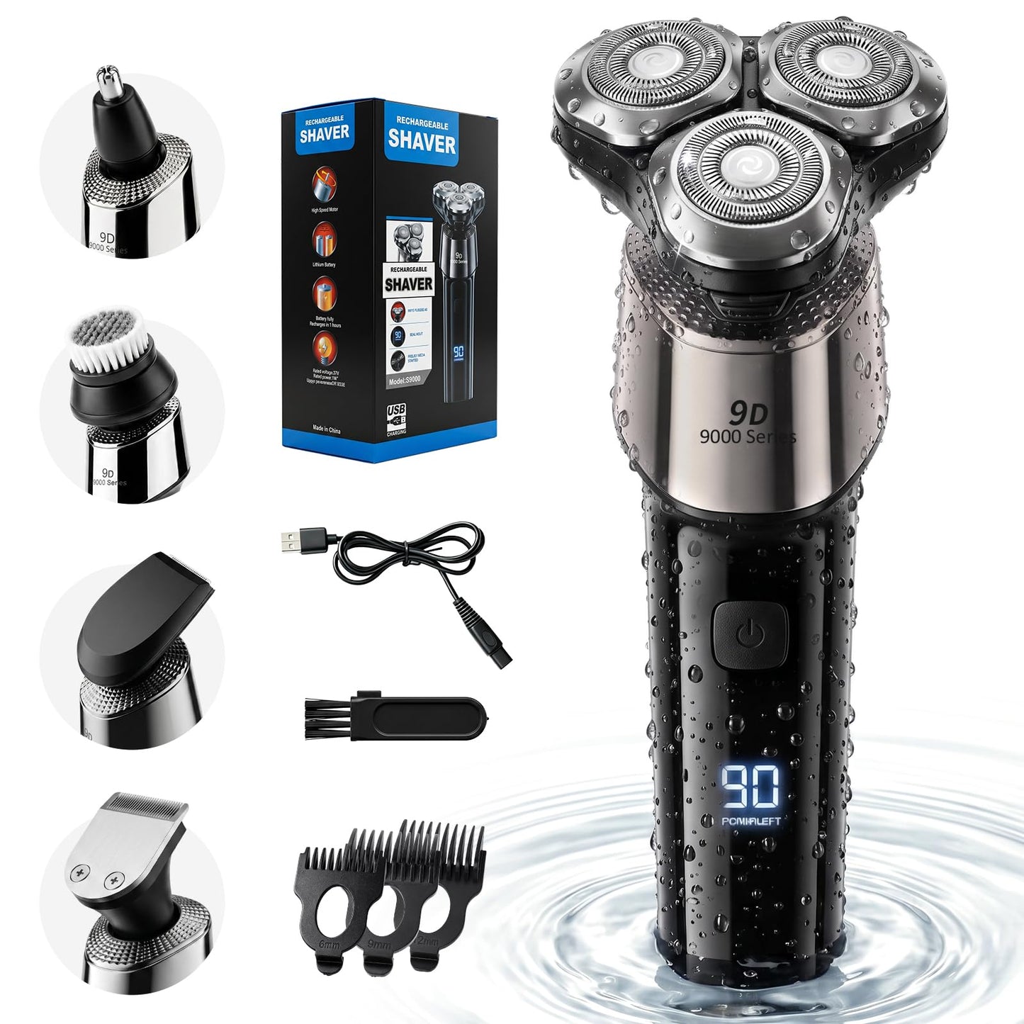 5-en-1 Electric Razor for Men, 9999 RPM High-Speed Electric Shaver with LED Display, 1H Fast Charging, IPX7 Waterproof Razor with Nose Hair Trimmer, Facial Cleansing Brush