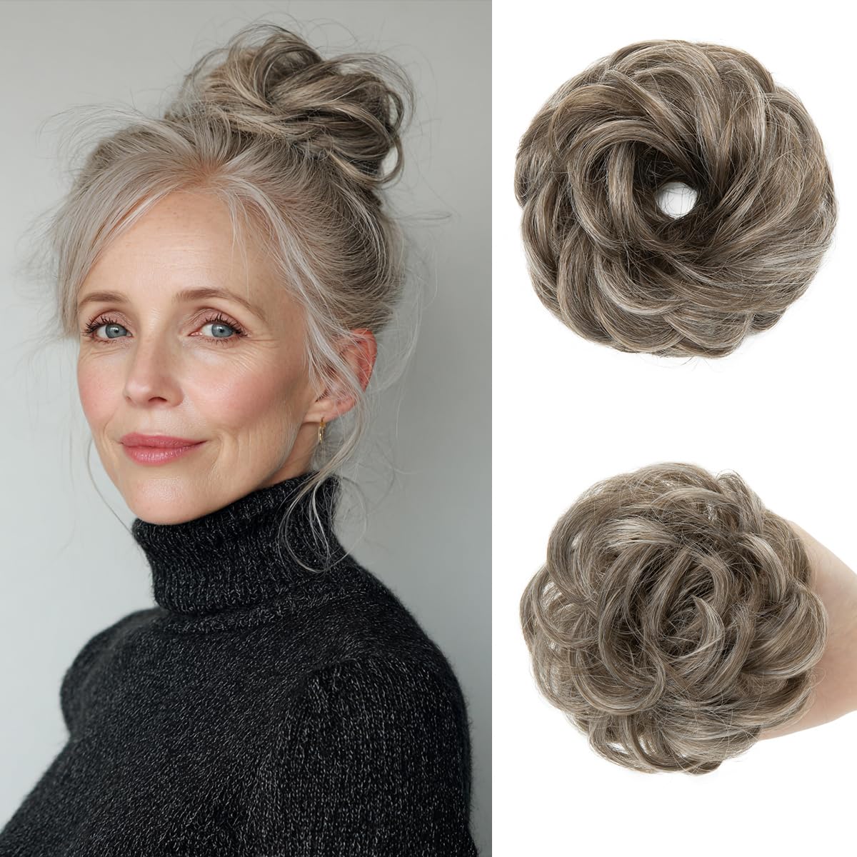Small Messy Bun Hair Pieces for Women - Synthetic Curly Mini Scrunchies | 2PCs Dark Grey