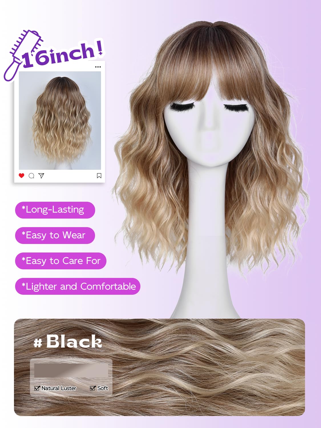 Short Wavy Wig with Bangs - Natural Curly Synthetic Hair for Women | 14-Inch Brown with Blonde Highlights