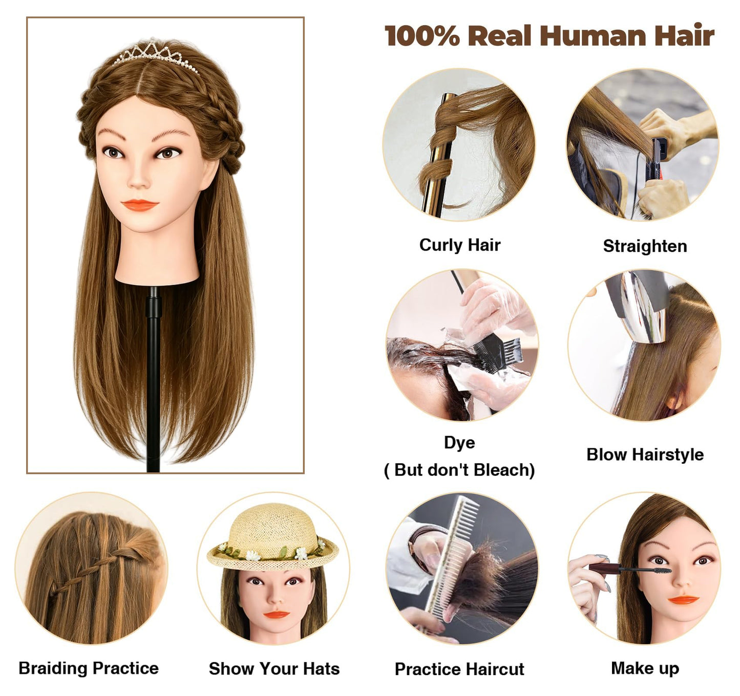Mannequin Head with 100% Real Human Hair, Beauty Star 18" Gold Brown Hair Art Manikin Cosmetology Head, Doll Manican Head to Practice Hair Styles, Hairdressing Training Head and Stlyist Suppliew