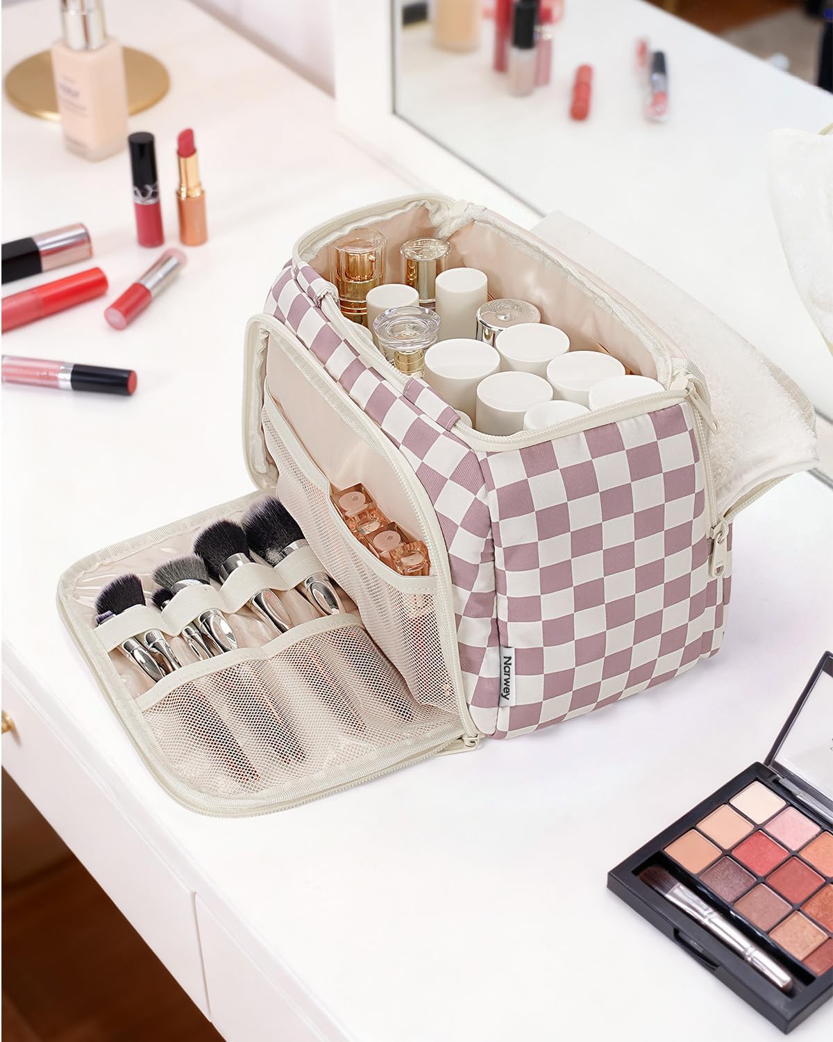 Checkered Travel Toiletry Bag for Women - Large Makeup Organizer with Handle | Dusty Pink Checkerboard