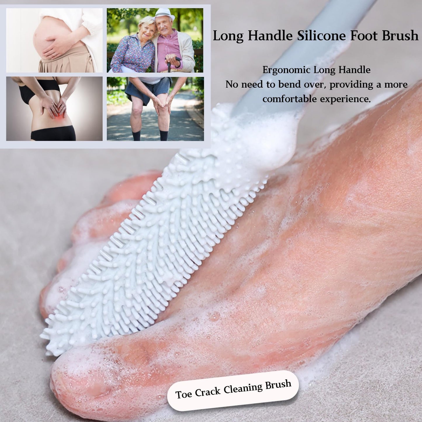 Nurlypop Toe Cleaning Brush with 15.7" Long Handle,Foot Scrubber in Shower,No Bending, Ideal for Seniors, Expecting Mothers, Men & Women | Foot Scrubber & Anti-Itch Exfoliating Brush (2 Pack) (Grey)