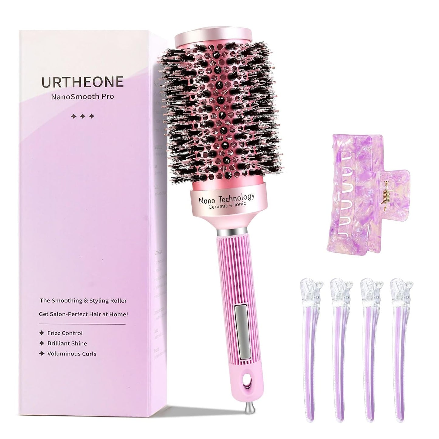Round Hair Brush - Mixed Boar & Plastic Bristles for Salon-Style | 1.7-Inch Ceramic, Includes 4 Hair Clips