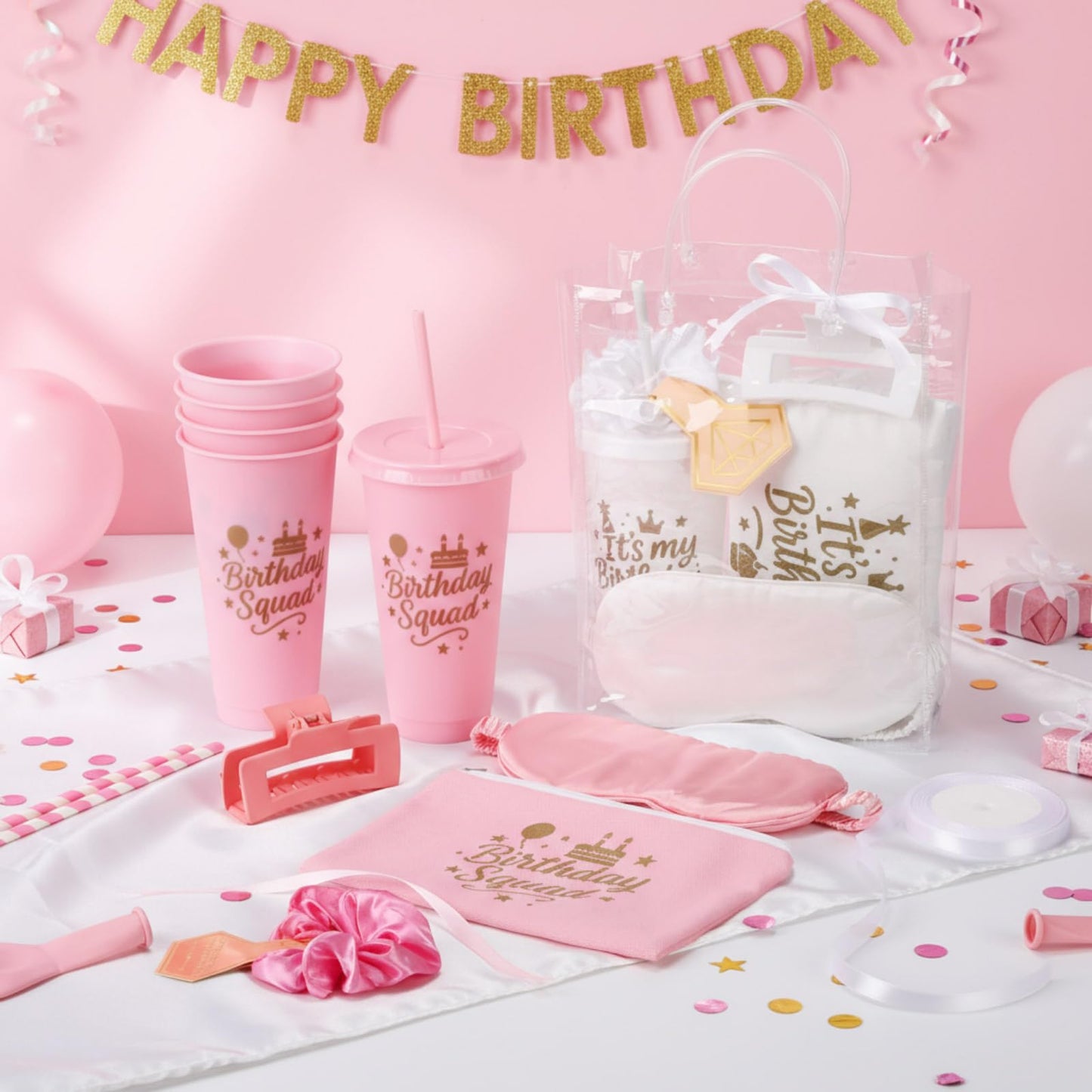 Ferrochef 6 Sets Birthday Squad Party Favors for Women Birthday Squad Cups Tumblers with Lids Straws Makeup Bags Satin Eye Masks Hair Clips Hair Scrunchies for Spa Sleepover Accessories(Pink White)