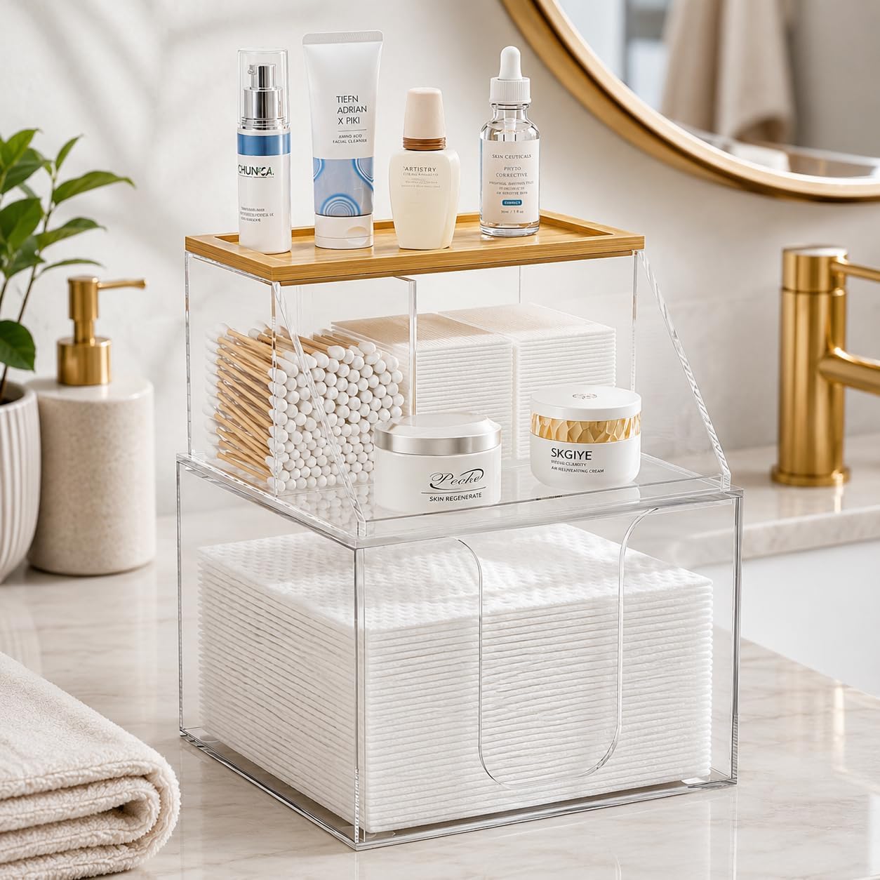 Acrylic Disposable Face Towel Holder - 2-Tier Organizer for Facial Towels & Cotton Pads | Clear with Bamboo Lid