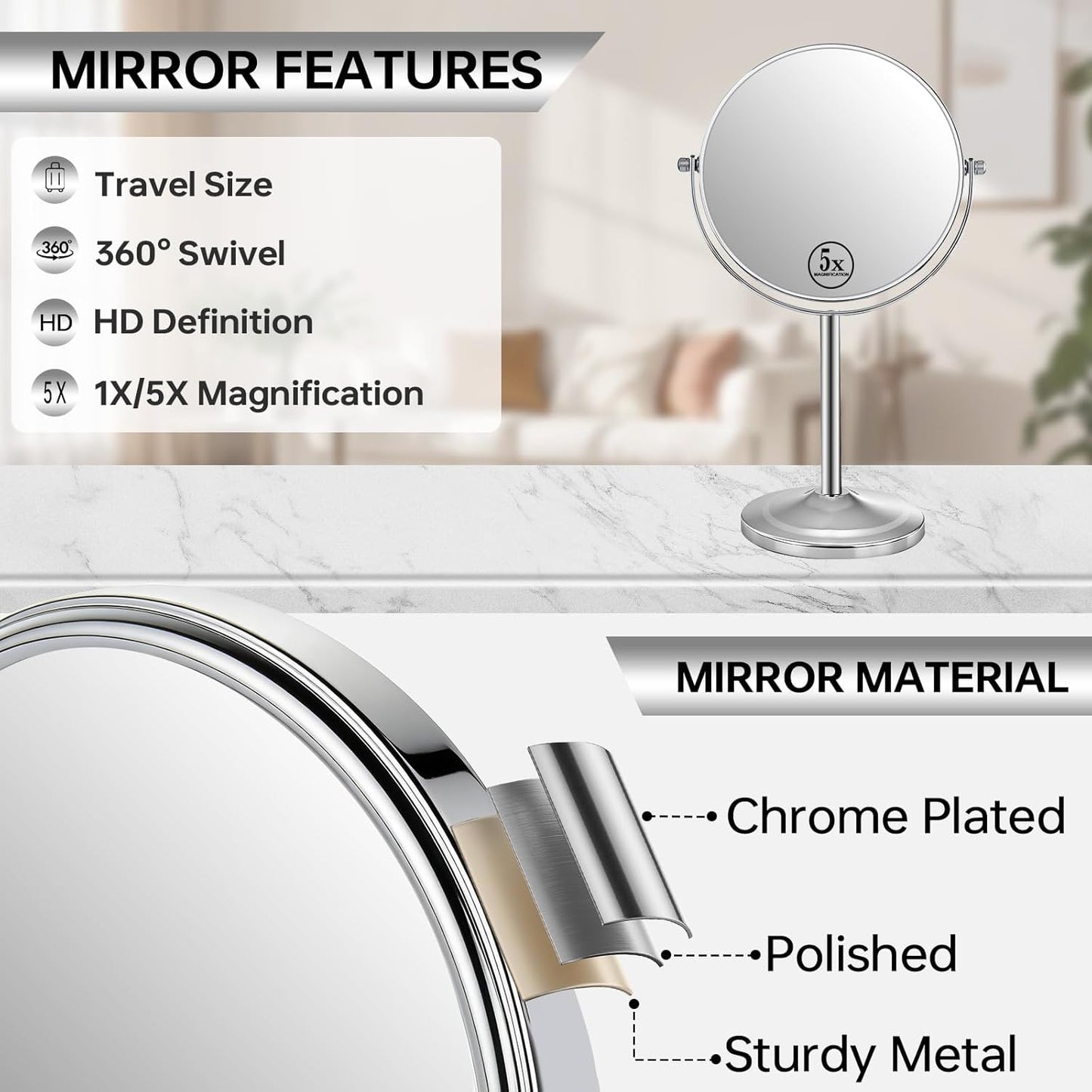 Tabletop Makeup Mirror - 1X/5X Double-Sided Magnifying Design | 7-Inch Chrome 360° Swivel Countertop Mirror