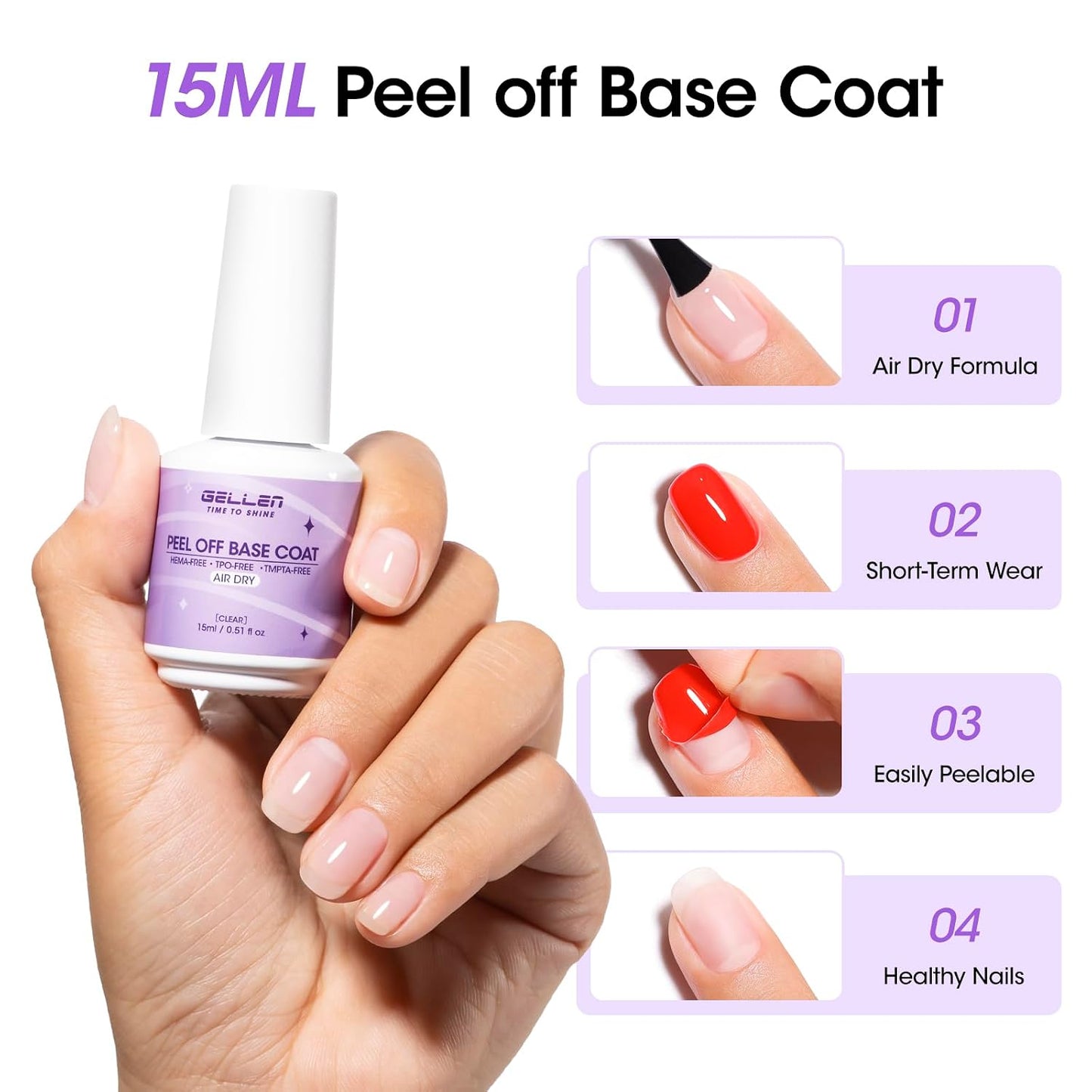 Quick Dry Peel Off Gel Base Coat - Lamp-Free, Non-UV Formula for Weak Nails | Easy Removal for Beginners