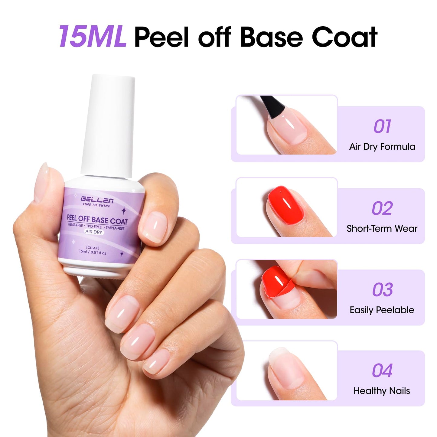 GELLEN Quick Dry Peel off Gel Base Coat, Lamp-Free Peelable Base Coat for Gel Polish, Non U V Gel for Thin & Weak Nails, Easy Removal without Damage, For Nail Practice Beginners