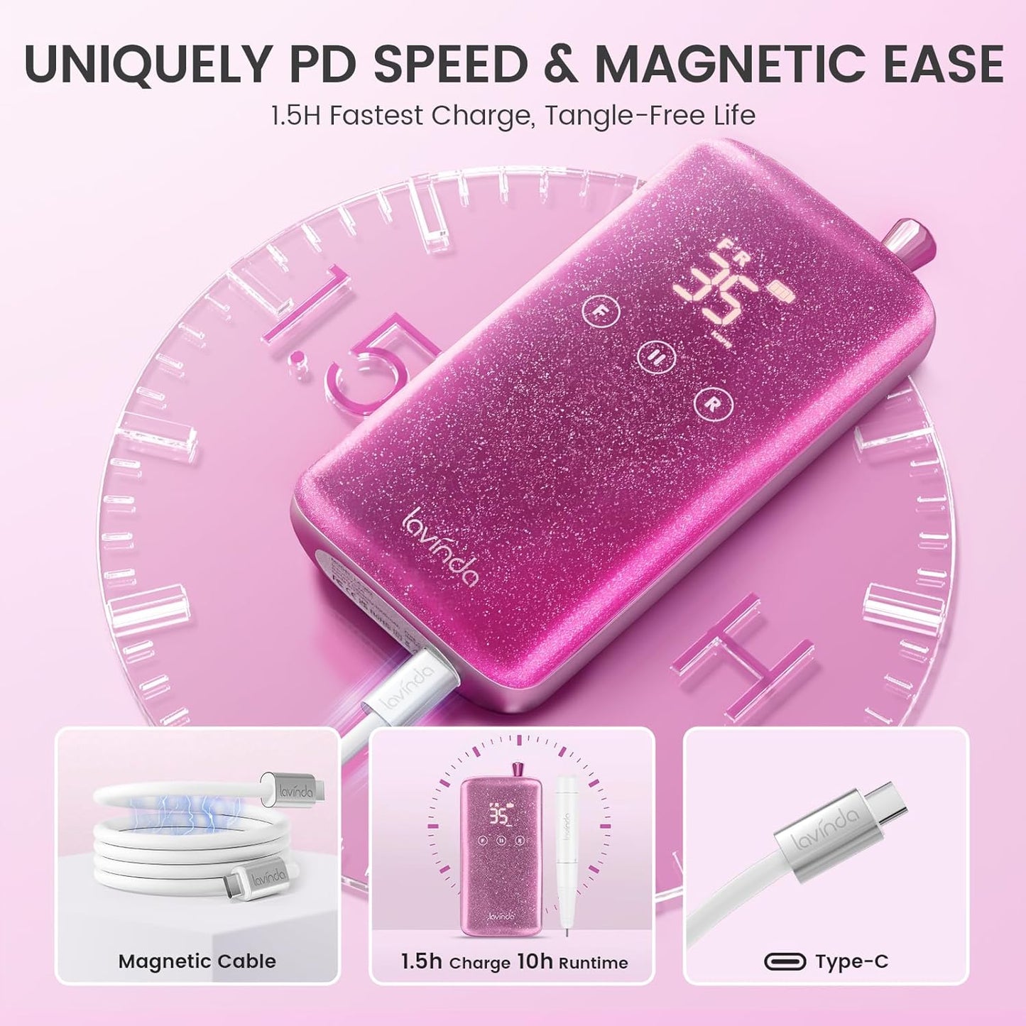 Professional Nail Drill - 35,000 RPM Rechargeable Electric Nail File with Cordless Motor & 8-Piece Bits Set | Sparkling Pink