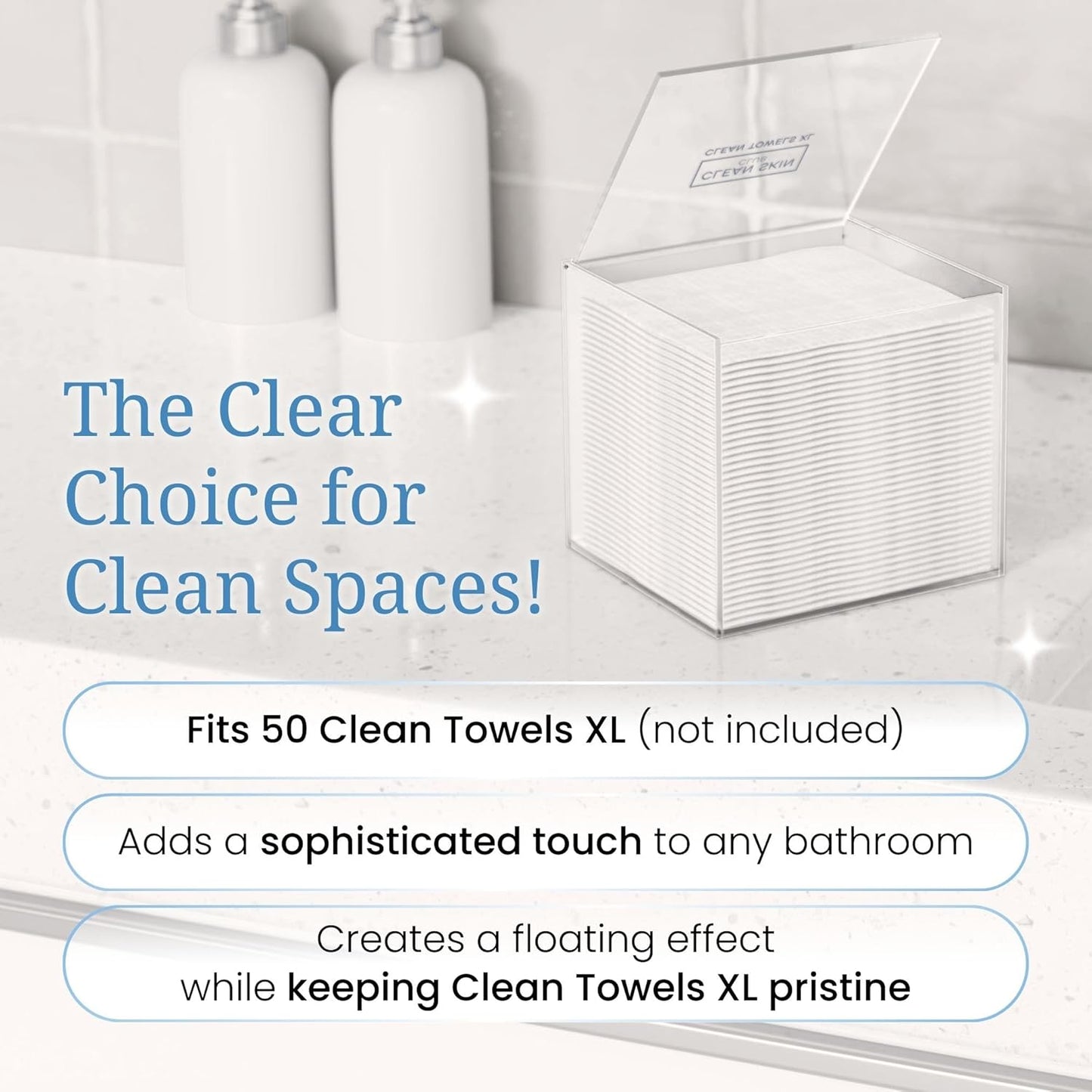Clear Acrylic Box for Clean Towels - XL Storage Container for 50 Disposable Face Towelettes | Bathroom Counter Organizer