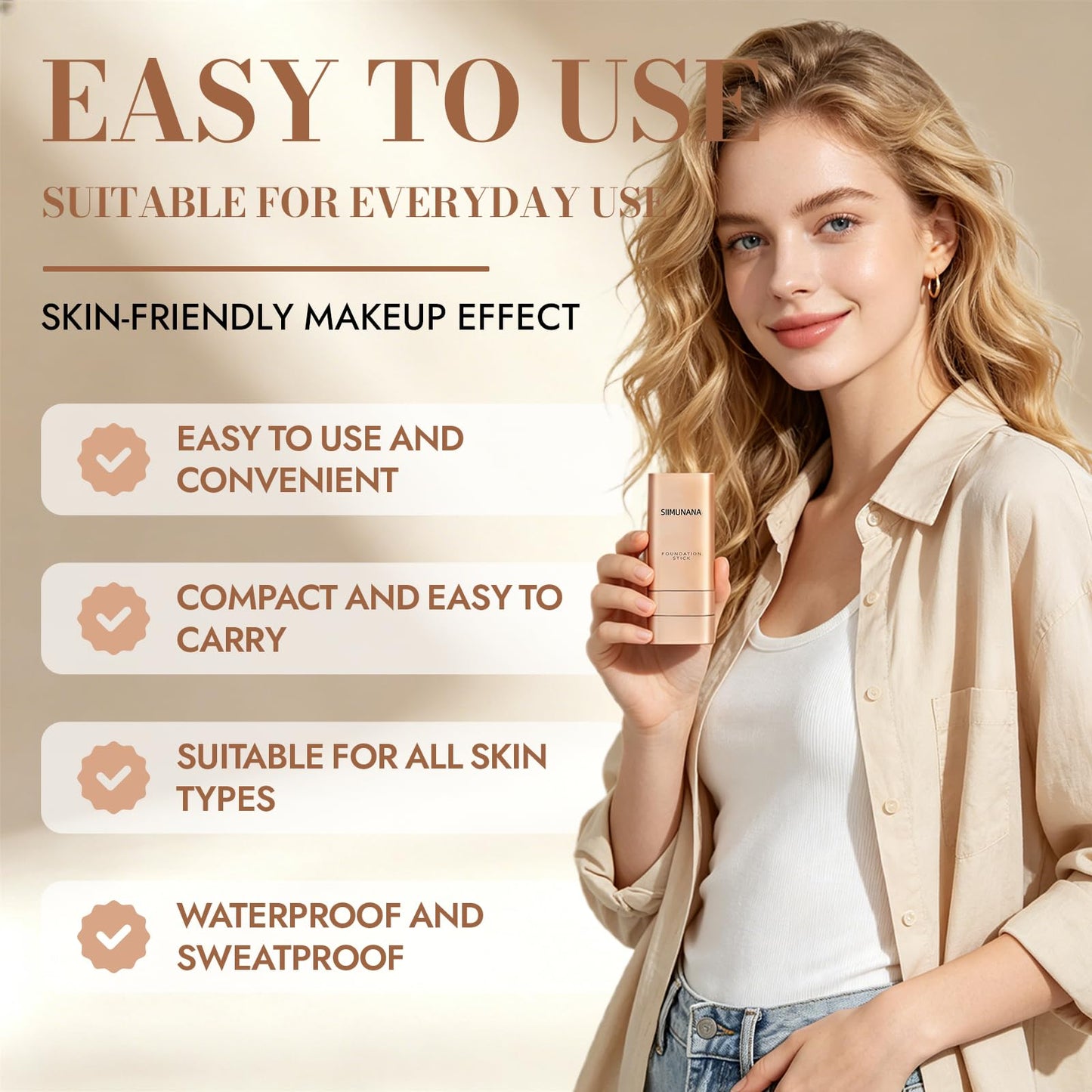 Simunana Foundation Stick Korean, Multi-use Double Head Makeup Stick, Longwear Natural Finish, Waterproof & Sweat-Proof for All Skin Types (NATURAL BEIGE)