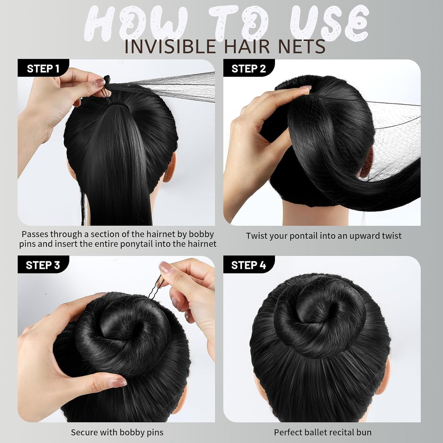 Small Hair Bun Maker Kit - 4 Pcs Ballet Bun Tools with 10 Hair Nets & 20 U-Shaped Bobby Pins | Black