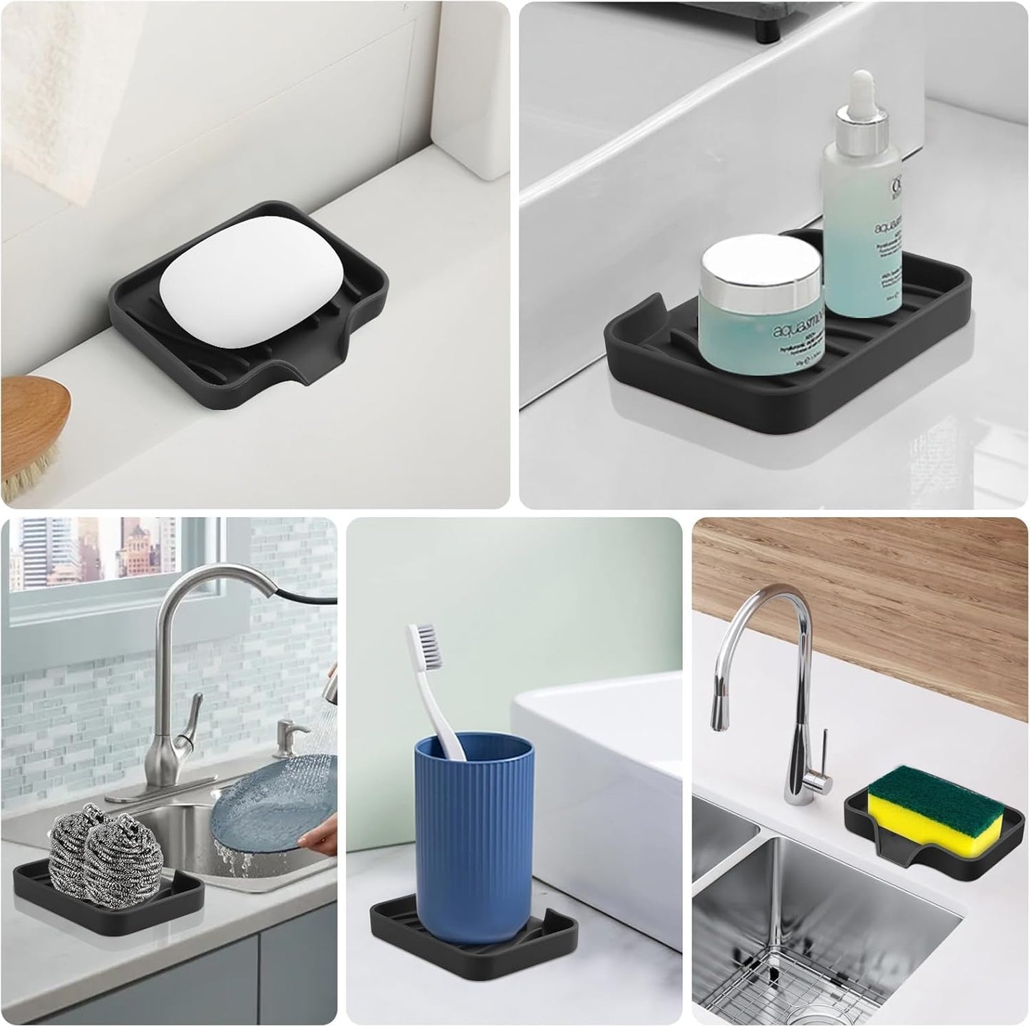 Silicone Self Draining Soap Dishes, Sponge Holder for Kitchen Sink, Kitchen and Bathroom Organizer, Soap Dish, Black 4.7 * 3.9inch