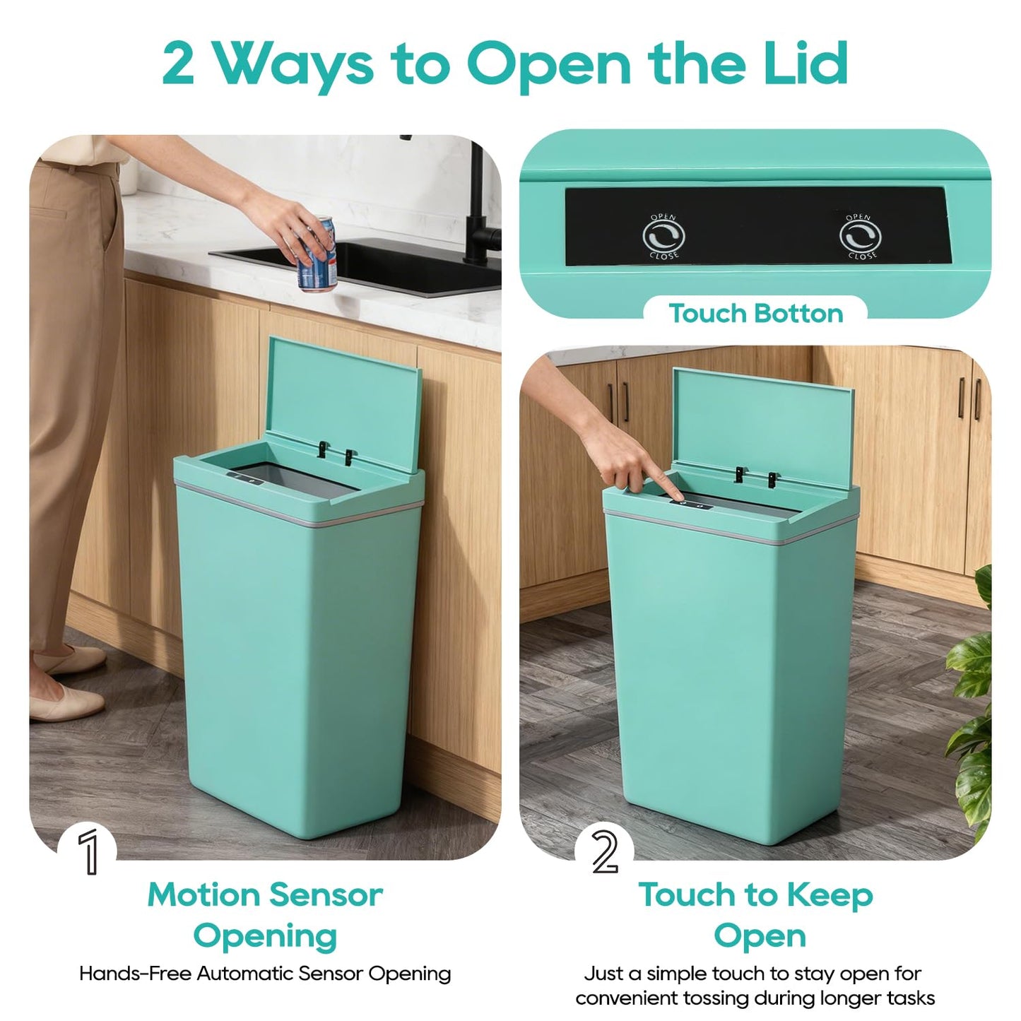 BestOffice 13 Gallon Touch-Free Trash Can - High-Capacity Plastic Garbage Bin for Kitchen, Bathroom, Home Office | Blue
