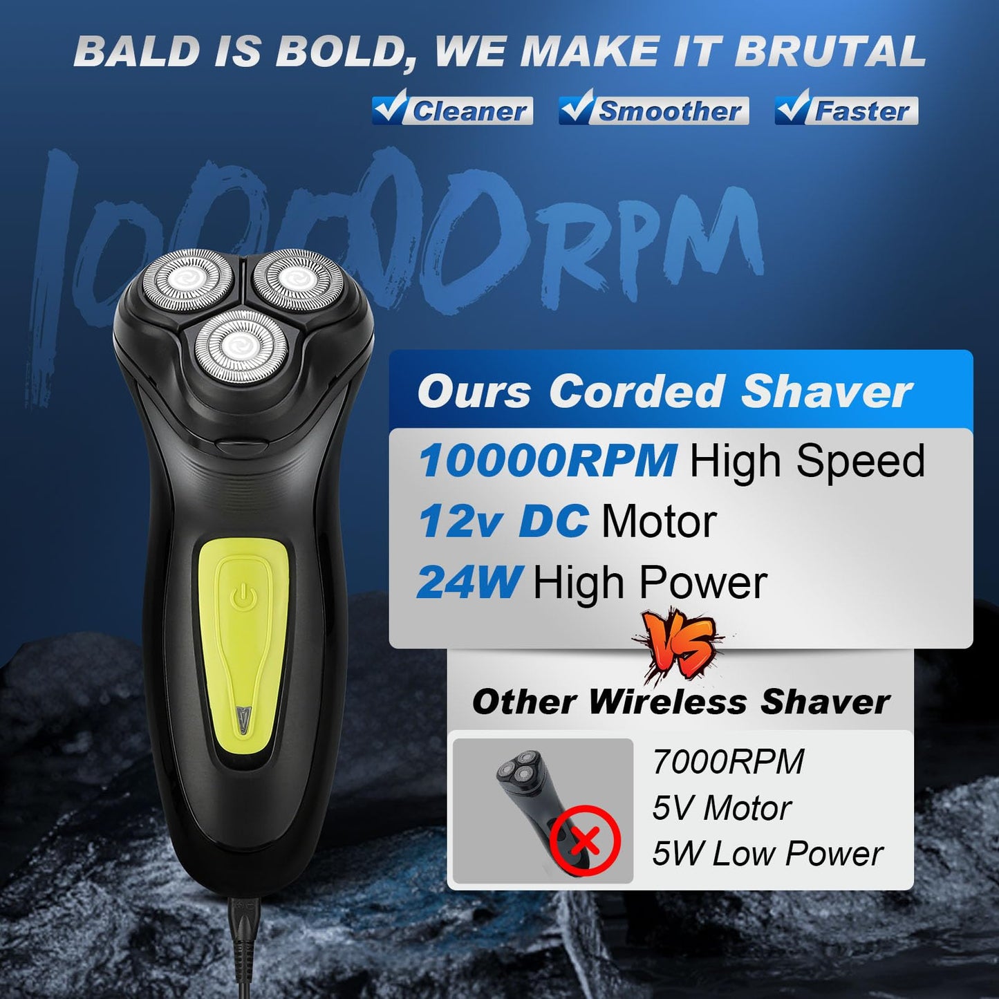 BlueFire Head Shaver for Bald Men, Corded 3D Electric Rotary Shavers with Pop-up Trimmer,Bald Head Close Shaver for Men, Rotary Shaver Electric Dry Shave (Yellow)