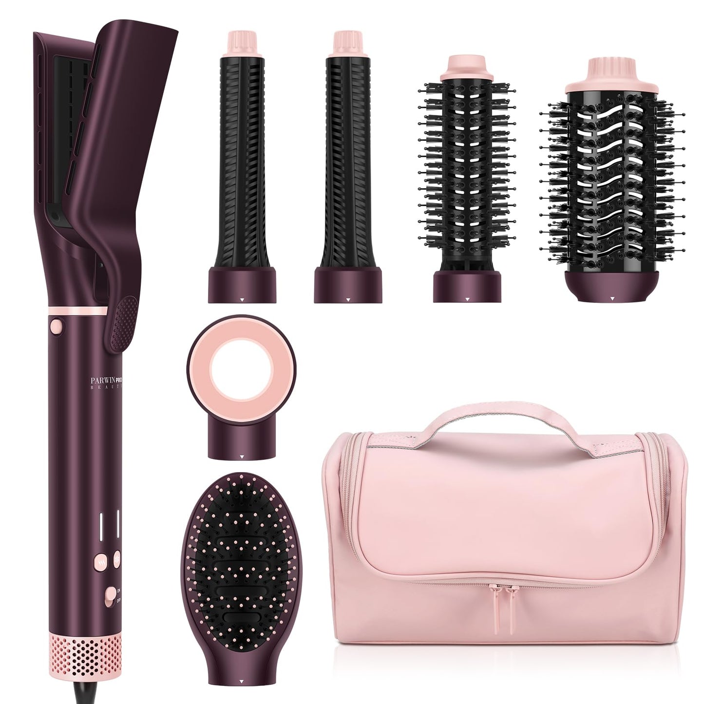 7-in-1 Hot Air Styler,MaxAIR 2.0,PARWIN PRO BEAUTY Travel Dual Voltage Multi-Styler Set,110,000RPM High Speed Hair Dryer Brush with Air Hair Straightener,1.1 Inch Auto-Wrap Curlers,Jasper Plum