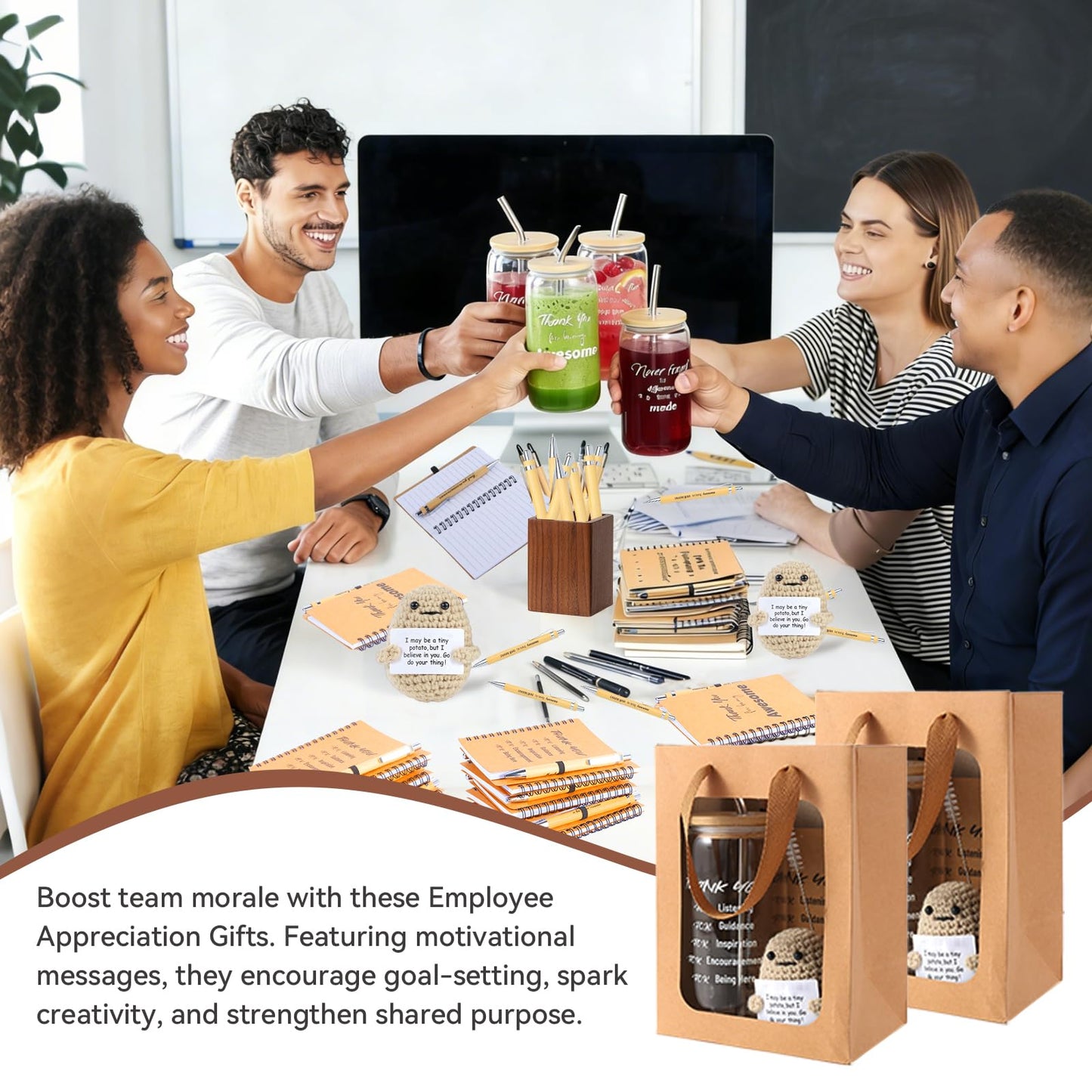 42 Pcs/6 Sets Employee Appreciation Gifts Bulk - Includes 16oz Glass Cups with Bamboo Lid, Positive Crochet, Inspirational Notebooks with Pens, Kraft Paper Gift Bags & Straw - Thank You Gifts for Coworkers, Teachers, Staff & Team