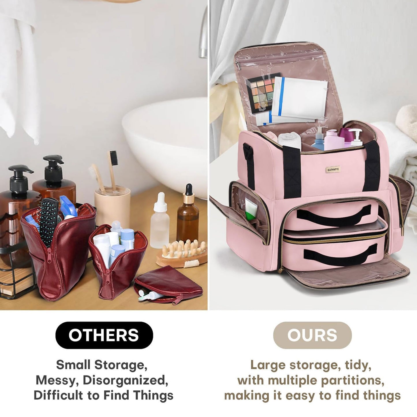 BAFAMYE Large Makeup Cosmetic Bag with 2 Removable Case, Double Layer Travel Makeup Organizer Case, travel Toiletry Bag For Women, Pink