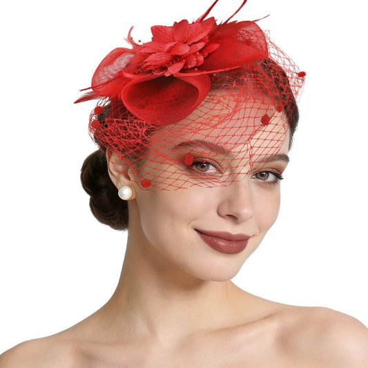 Semato Fascinators Hats for Women Mesh Feathers Elegant Red Tea Party Kentucky Hat Derby Headband with Hair Clip