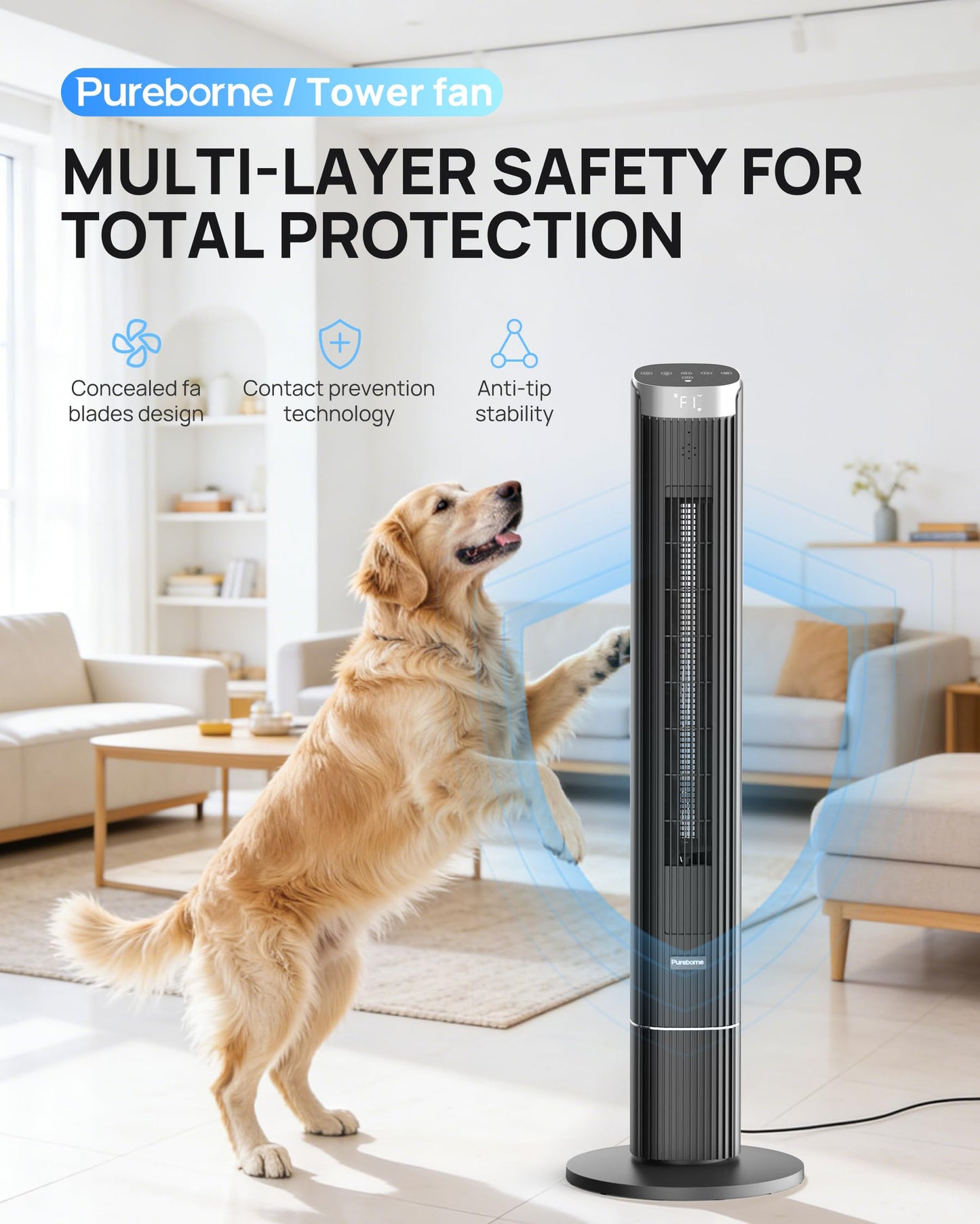 Pureborne 42” Tower Fan for Home Bedroom, WiFi, 25dB Ultra-Quiet, Black