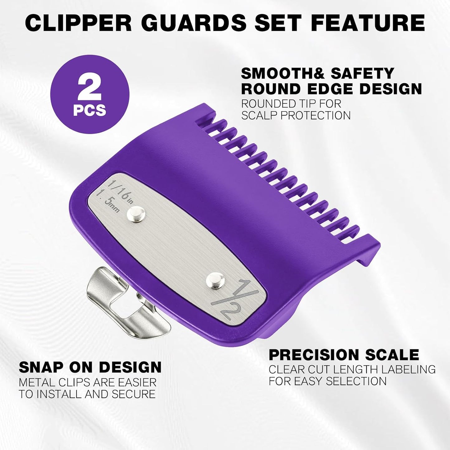 2 Pack Clipper Guards Set - Compatible with Wahl Hair Clippers | 1/16" 1.5mm Metal Guide Combs for Barbers & Stylists - Purple