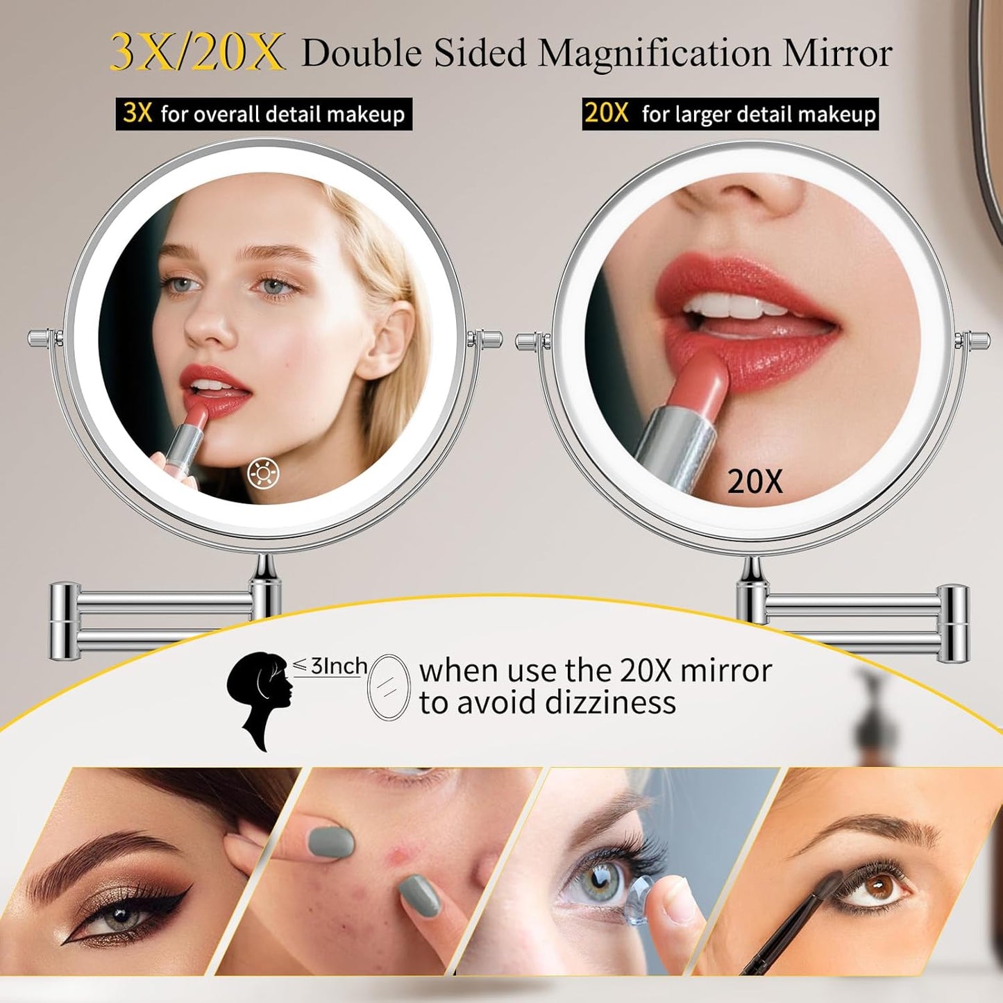 Rechargeable Wall Mounted Makeup Mirror with Lights - 3X/20X Magnification, 3 Color Options, Touch Dimmable, 360° Rotation