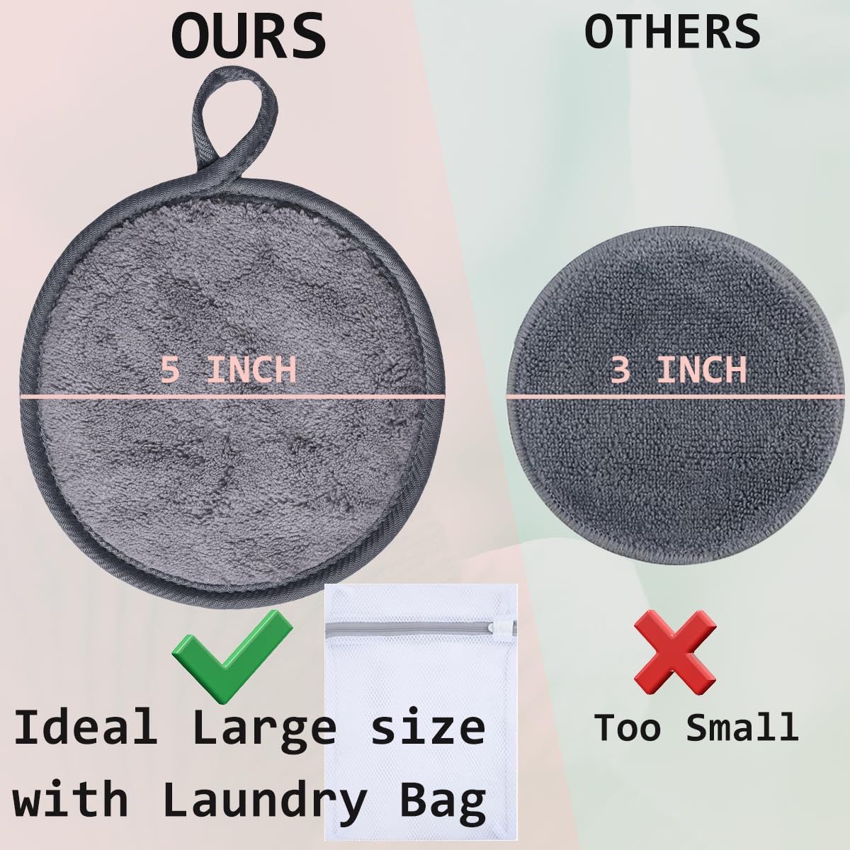 Reusable Makeup Remover Pads - Soft Microfiber Face Cleaning Cloths | 5-Inch Washable Pads with Laundry Bag, 12 Pack - Grey