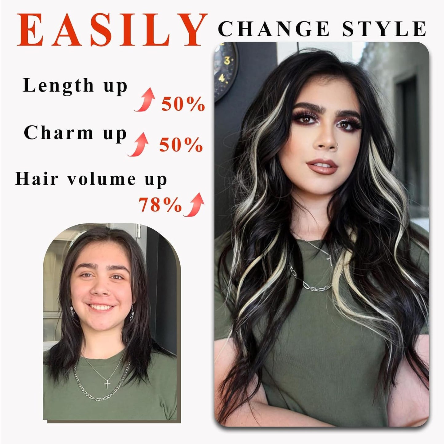 20” Black Clip in Hair Extensions Long Wavy Synthetic Extensions for Women