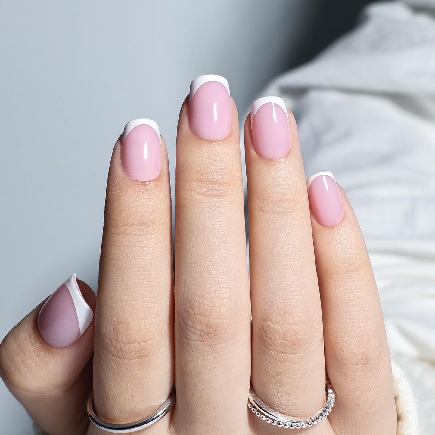 French Tip Press On Nails - Glossy Pink Almond Reusable Fake Nails | 32 Pieces in 16 Sizes with Glue