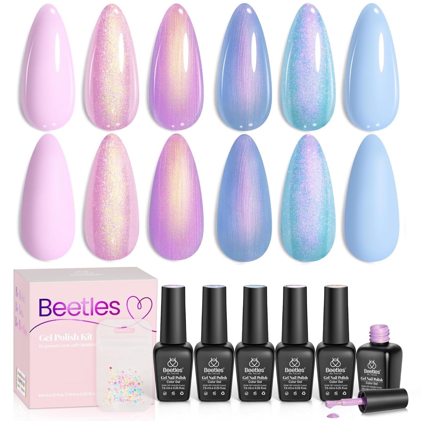 Beetles Pearl Glitter Gel Nail Polish Set, 6 Colors Baby Blue Shimmer Pink Purple Mermaid Gel Polish Kit, Nail Drawing Soak Off Uv Led Swirl Gel Polish Shell Thread Spring Gift for Women