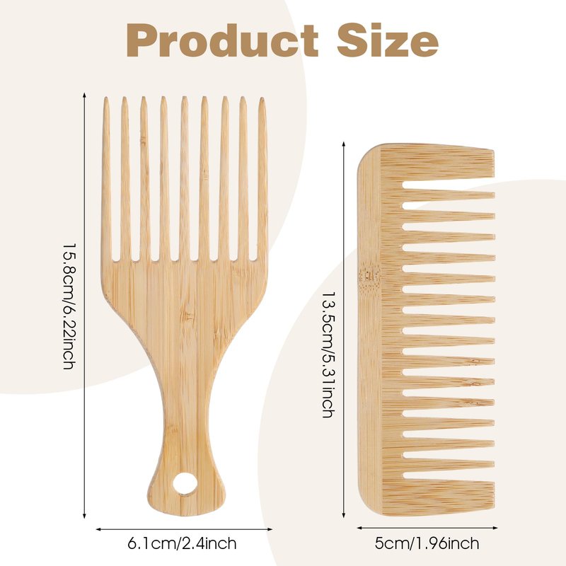 2 PCS Wooden Hair Pick Bamboo Hair Comb Pick for Beard Wide Tooth Comb Beard-Pick No Handle Wide Tooth Wooden Combs for Long Hairs Beard Women Men