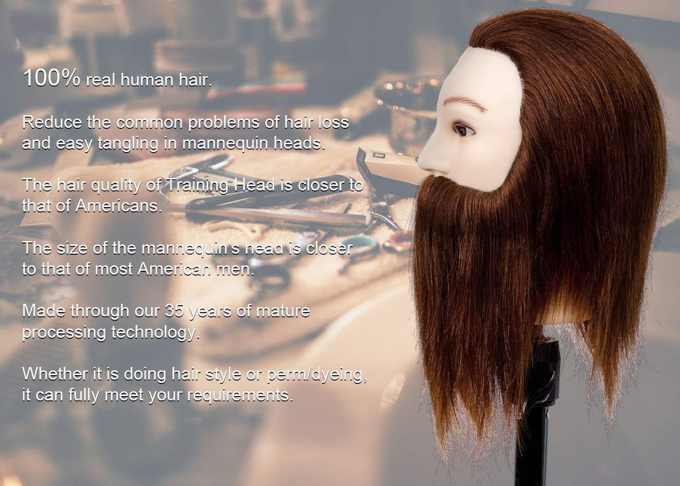 Male Mannequin Head - 14” Barber Training Head with 100% Human Hair | Dark Brown Hairdresser Manikin for Styling Practice