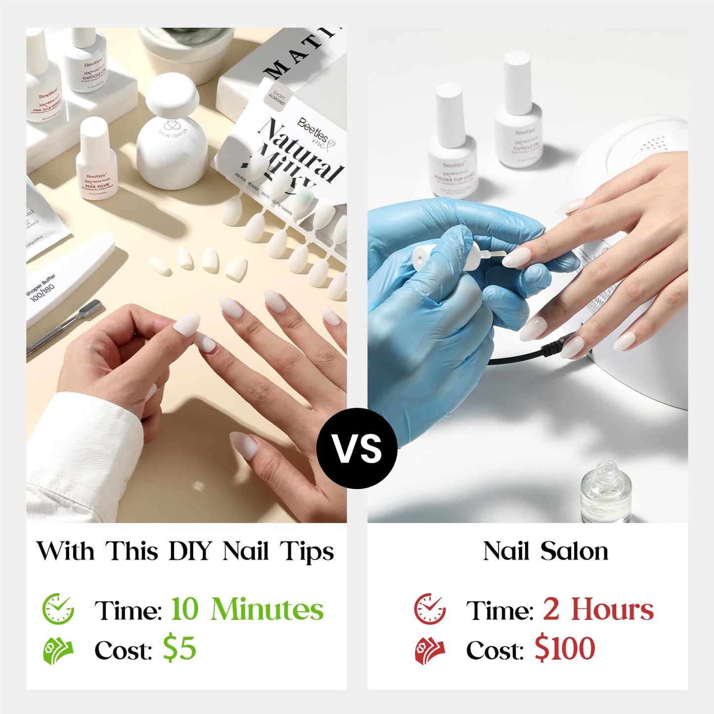 Beetles Short Square Press on Nails, Milky White Fake Nail Tips 150Pcs