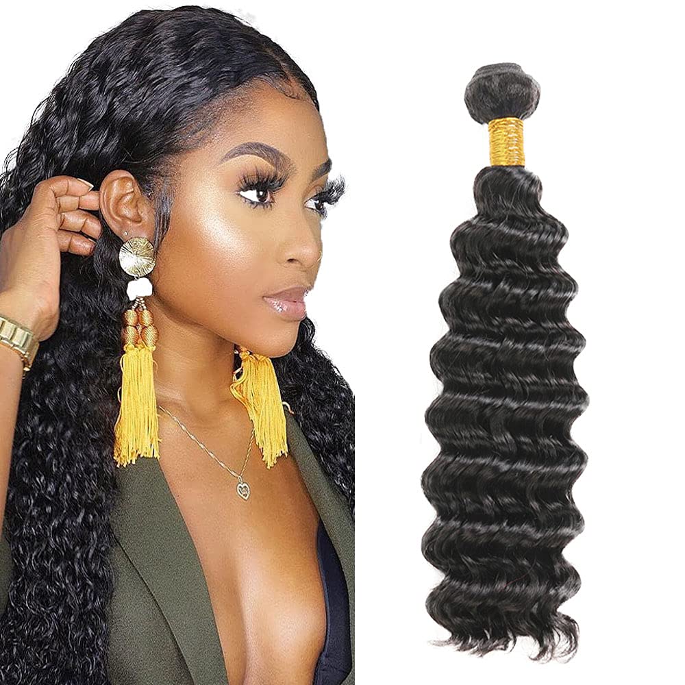 #1B Deep Wave Human Hair Bundles 14 Inch Peruvian Virgin Remy Hair 1 Bundles Natural Black Color Deep Curly Bundle Hair Extensions