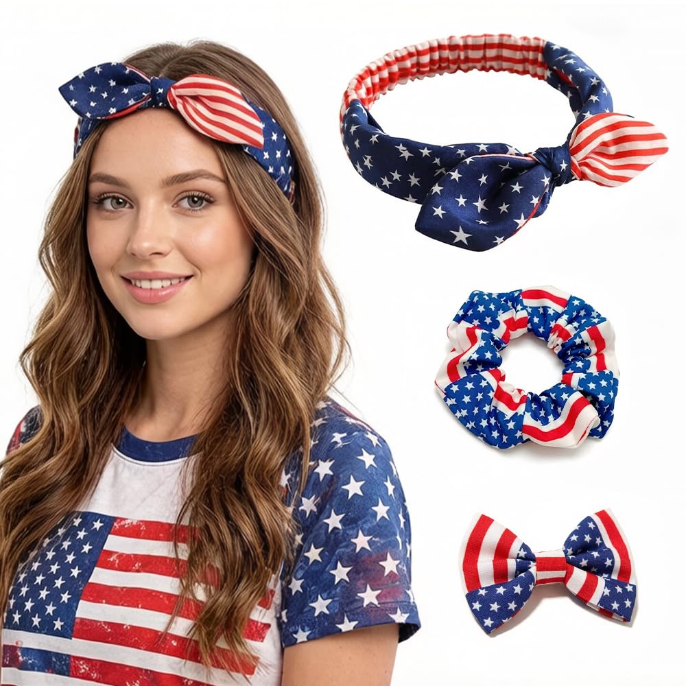 sanvvv American Flag Bandana, Hairpins, Hair Ties, 3-Piece Set Red White Blue Patriotic Bandana for Women 4th of July USA Decorations (Rabbit Ears), Blue,White,Red