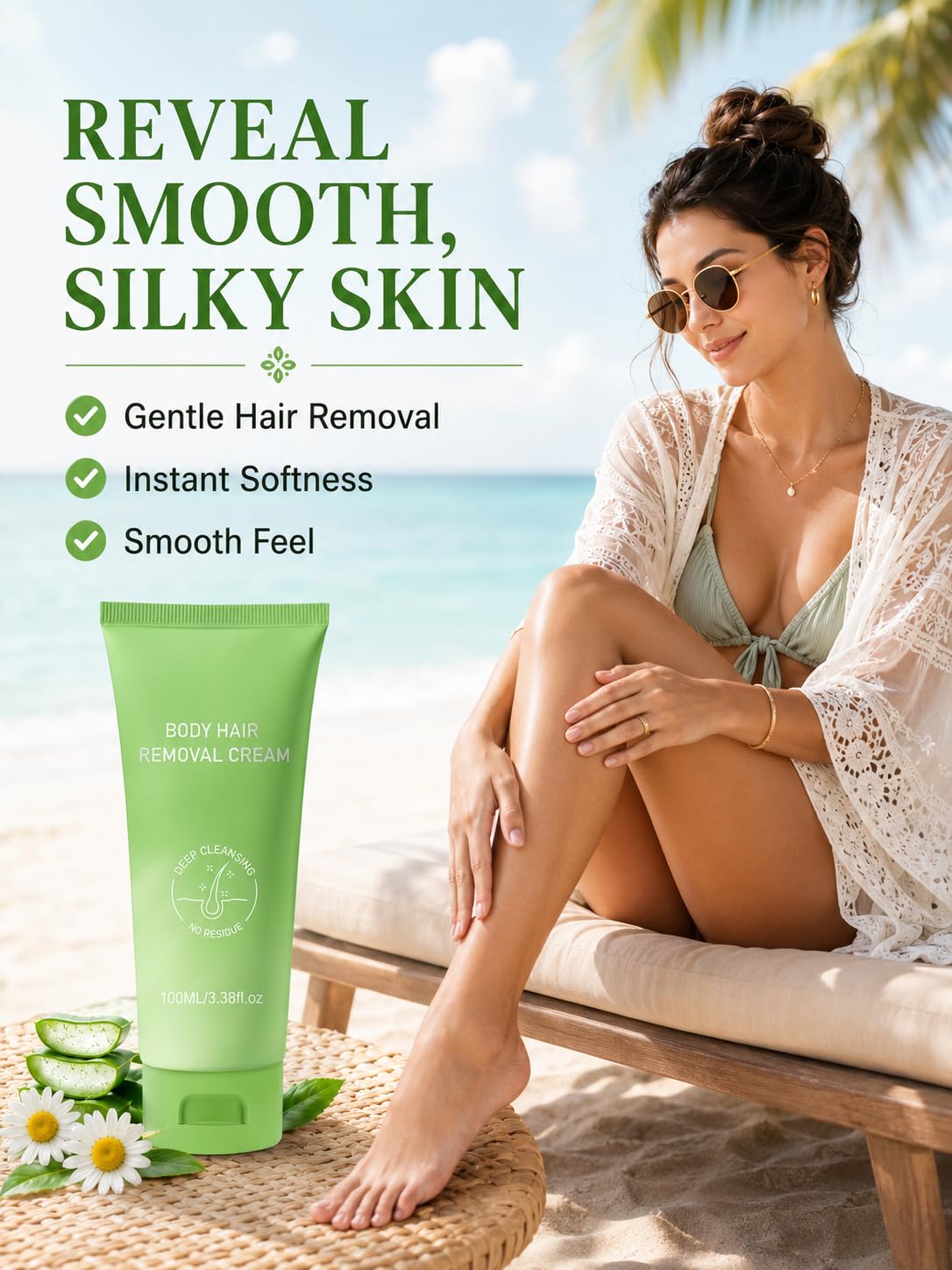 Gentle Hair Removal Cream for Women & Men | Aloe Vera & Chamomile, Smooth Skin for Legs, Arms, Underarms & Bikini Line (3.38 Fl Oz)