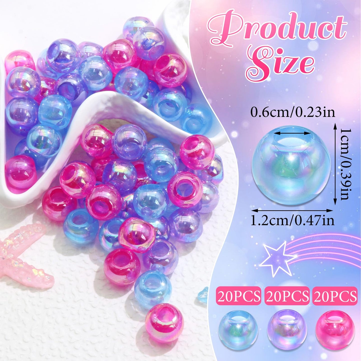 VENOFEN 60PCS AB Hair Beads Spacer Round Braids Bead with Large Hole Blue&Purple&Pink Pony Bead Loc Dreadlock Jewelry Kids Girls Hair Decoration Accessories