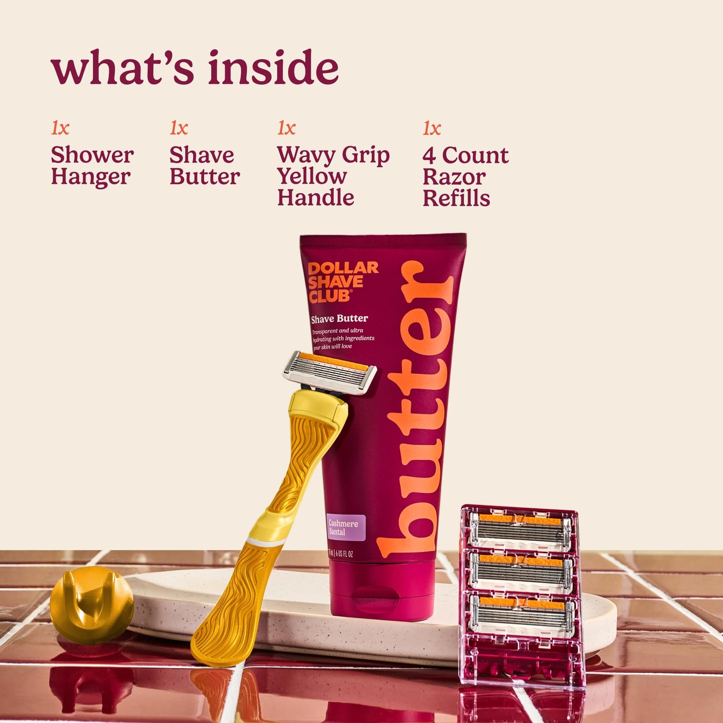 Dollar Shave Club For Women | 1 Yellow Wavy Grip Handle, 4 Razor Refills, 1 Cashmere Santal Shave Butter (3 oz), 1 Shower Hanger | Razors for Women, Womens Razors