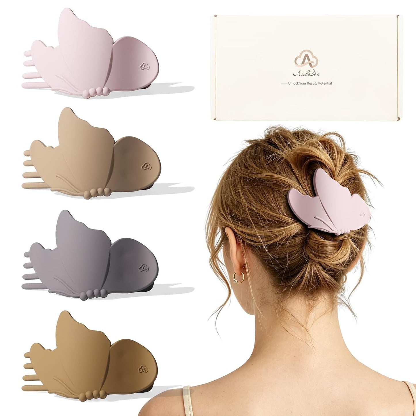Large Flat Hair Clips for Thick & Thin Hair - Butterfly Claw Clips for Women | 4 Pcs in Beige, Brown & Black
