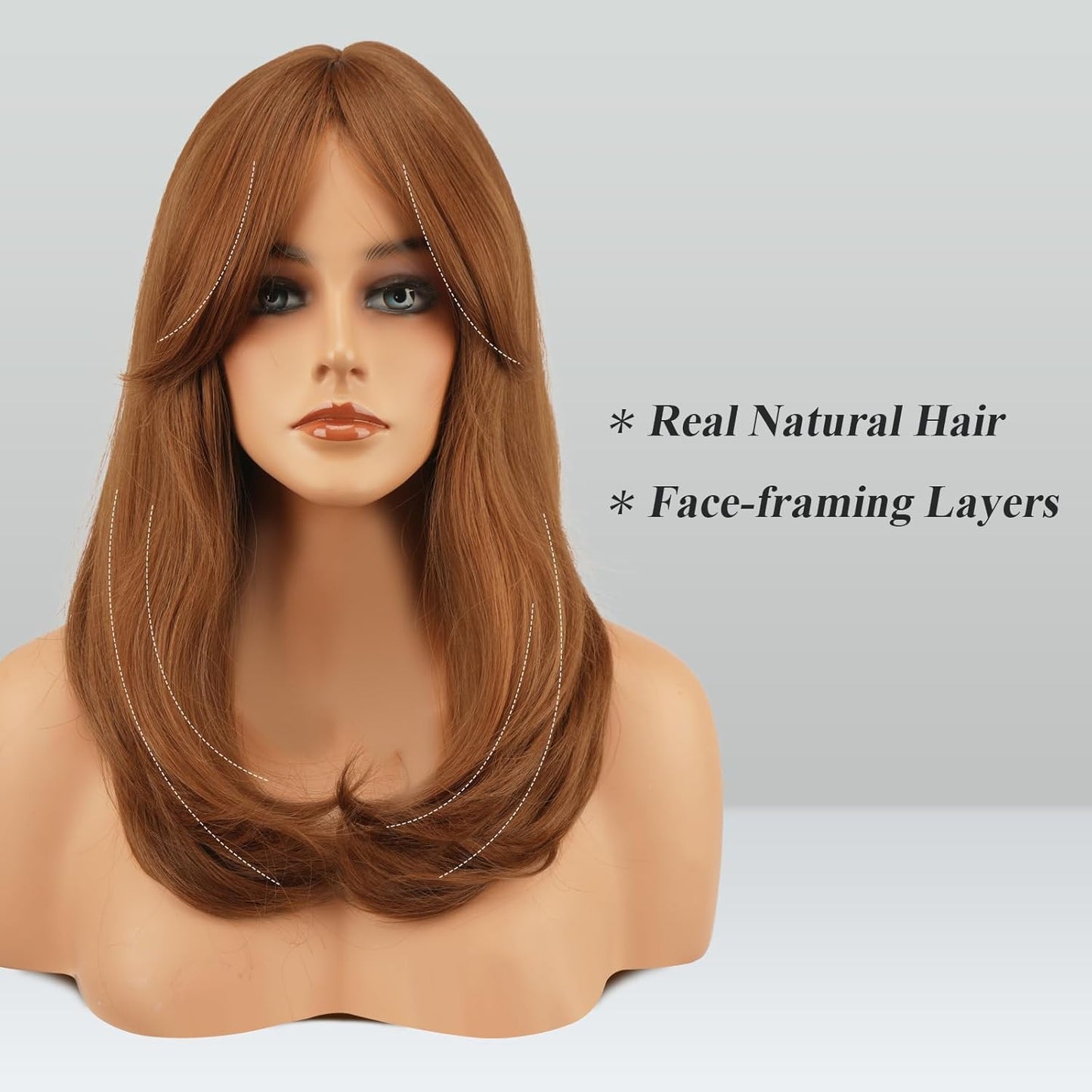 FESHFEN Auburn Wigs with Bangs for Women - 18" Long Layered Synthetic Hair for Daily & Party Wear