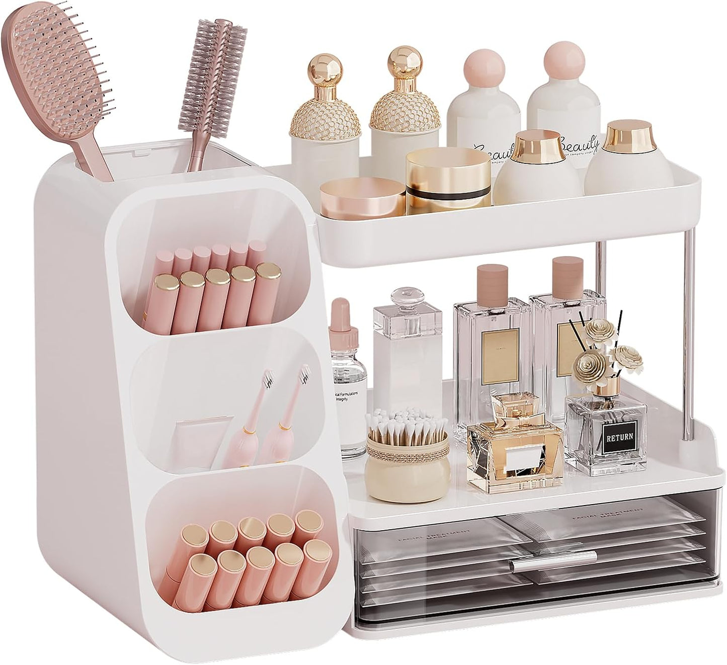 Makeup Organizer for Vanity - Large Capacity Skincare & Cosmetic Display Case with 2 Drawers | Brush Holder & Perfume Storage