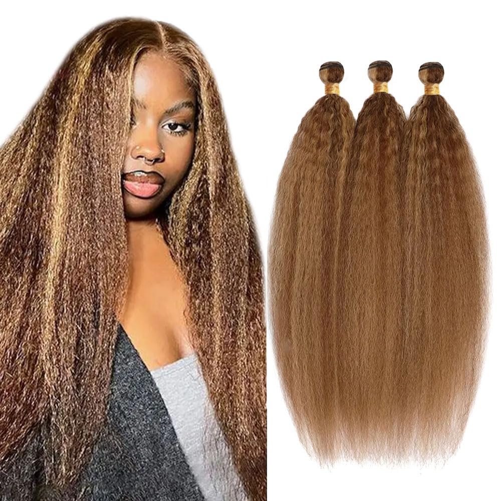 20 22 24 Inch P4/27 Highlight Blonde Bundles Human Hair Yaki Straight 3 Bundles Brazilian Remy Hair 50 Grams/Bundle 10A Grade Unprocessed Virgin Hairs Blonde Kinky Straight Bundle Weaves Extensions