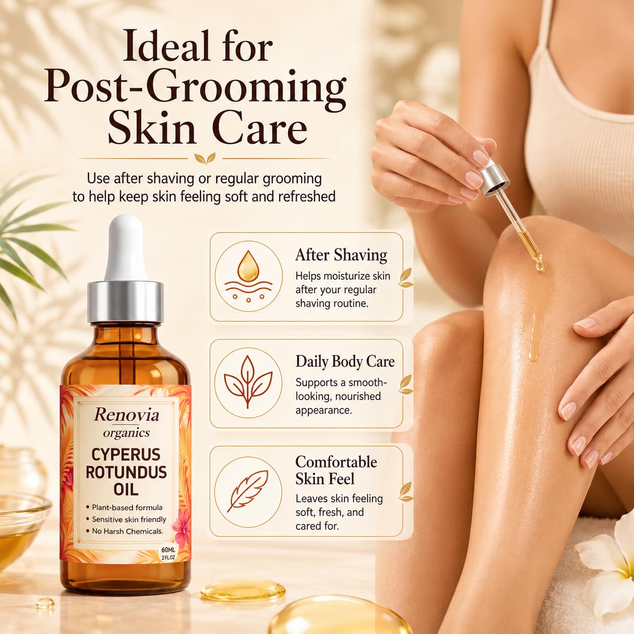 Renovia Organics Cyperus Rotundus Oil, Renovia Organics Hair Removal, with Peppermint Extract, Natural Ingredients for Nourishment & Soothing, 60 Ml (2 Fl. Oz.)