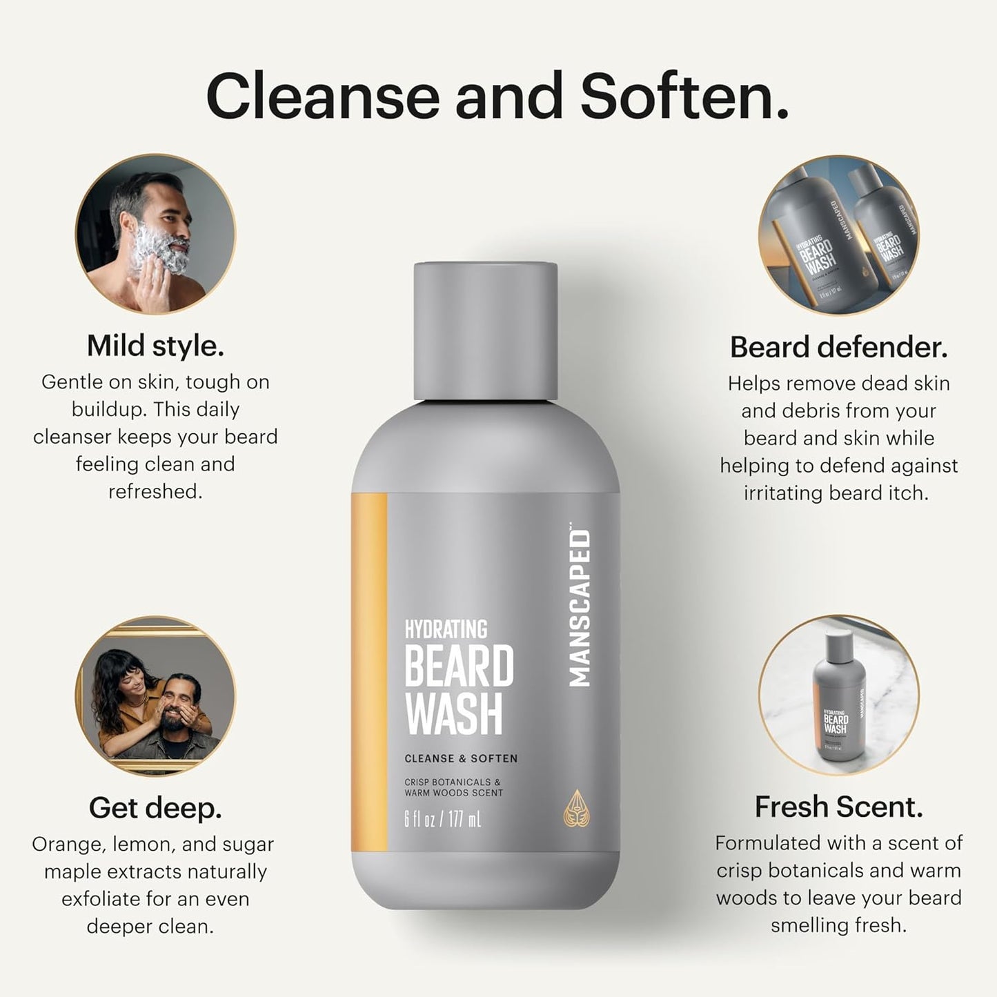 Hydrating Beard Wash - Daily Facial Hair Cleanser with Ceramides & Avocado Oil | Gentle Exfoliating Wash, 6 fl. oz.