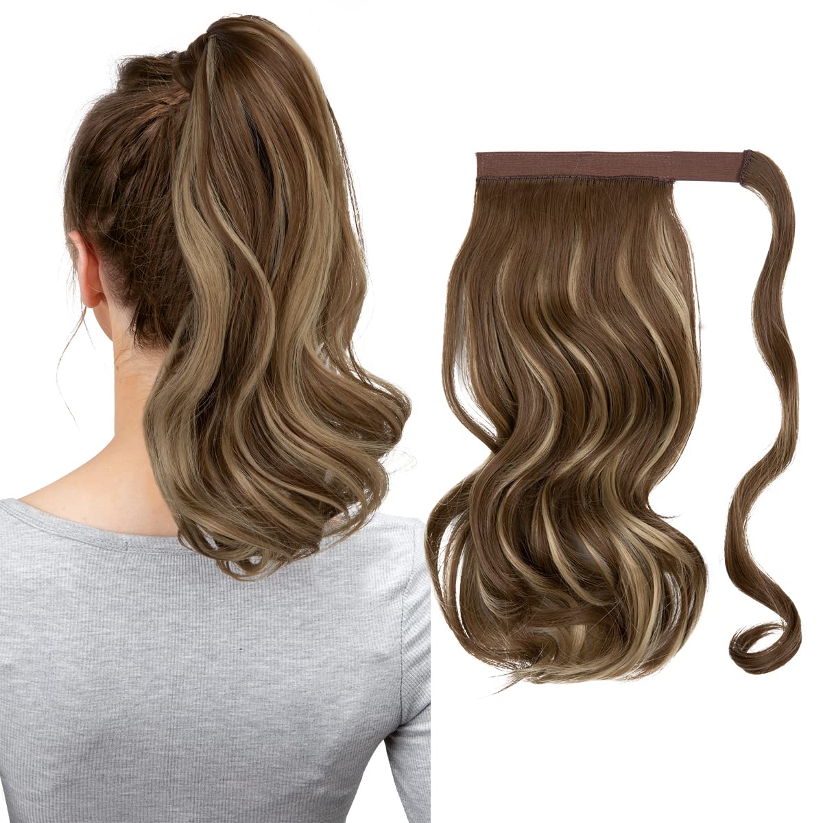 Short Ponytail Hair Extension - Curly Wavy Clip-In Hairpiece for Women | 14" Ash Medium Brown/Ash Blonde