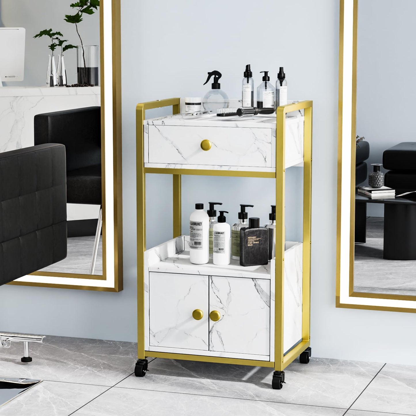 OmySalon Salon Trolley Cart, Esthetician Cart with Wheels & 1 Drawer Cabinet, Hair Stylist Cart for Beauty Spa Massage Tattoo Esthetic Facial Tool Holder Station, White Marble