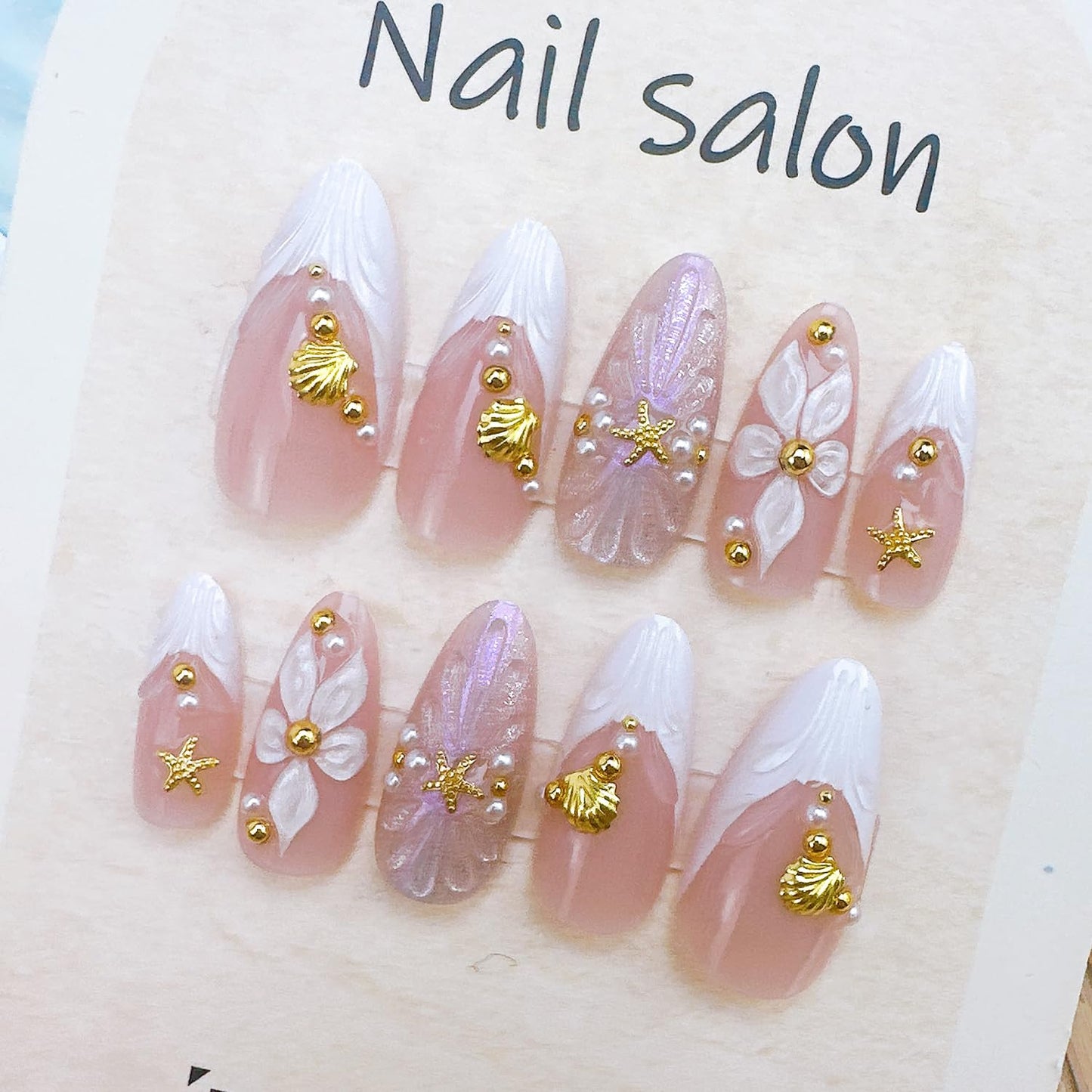 French Tip Press-On Nails - 24pcs Medium Almond with 3D Floral Gold Pearl Shell Designs | Summer Glitter Acrylic Full Cover