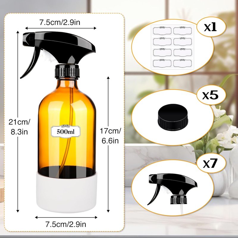 Zenowick Glass Spray Bottles - 16 Oz Refillable Containers with Silicone Sleeve | Adjustable Nozzle for Cleaning & Essential Oils (Amber)