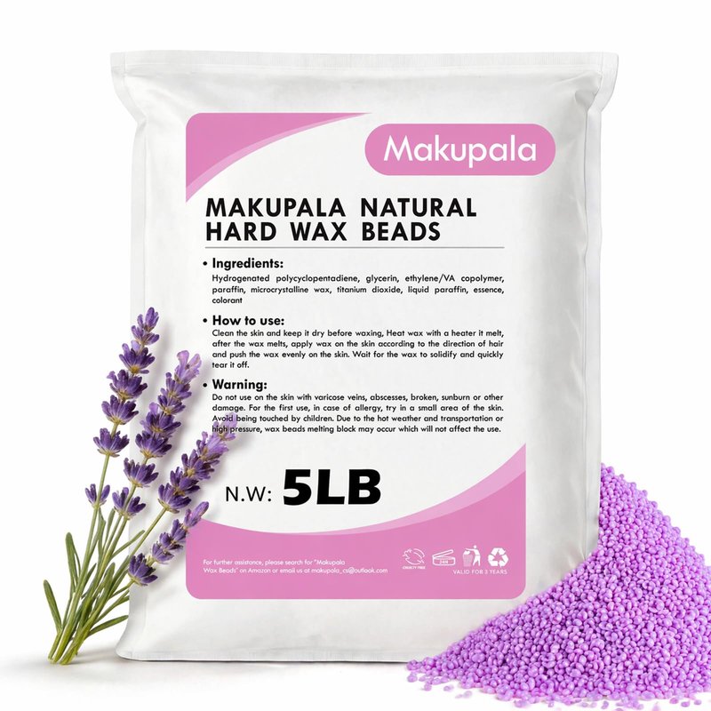 Makupala 5LB Lavender Hard Wax Beads, Stripless Bulk Wax for Full Body, Brazilian, Bikini & Underarms, Strong Grip Flexible Gel Formula for Coarse Hair, Low Temp for Estheticians & Frequent Home Users